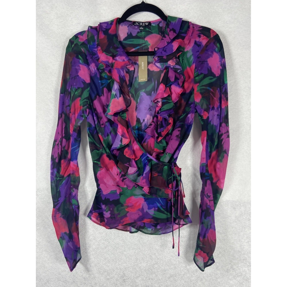 J Crew Wrap Top Womens 4 Purple Black Ruffle Neck Long Sleeve Floral Chiffon New